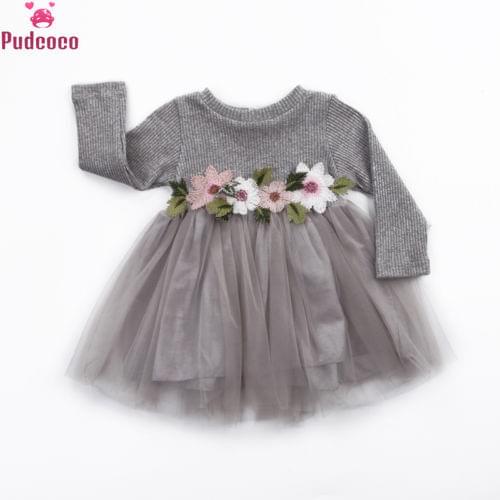 Sweet Autumn Winter Print Flower Baby Girl Knitted Dress Tutu Ball Gown Long Sleeve Princess Dresses Girls Dress