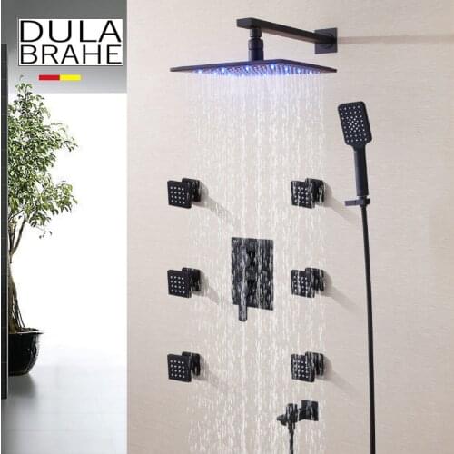 DULABRAHE Blacken Bathroom Shower Faucet Set 250X250 LED Temperature Sensitive Rainfall Shower Head Bath & Shower Mixer Tap