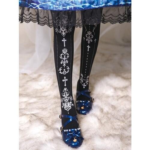 Girl Student Over Knee Socks Gothic Socks Pantyhose Cosplay Japanese Sweet Lolita Cross Gold Stamp Stockings Tights Socks Young