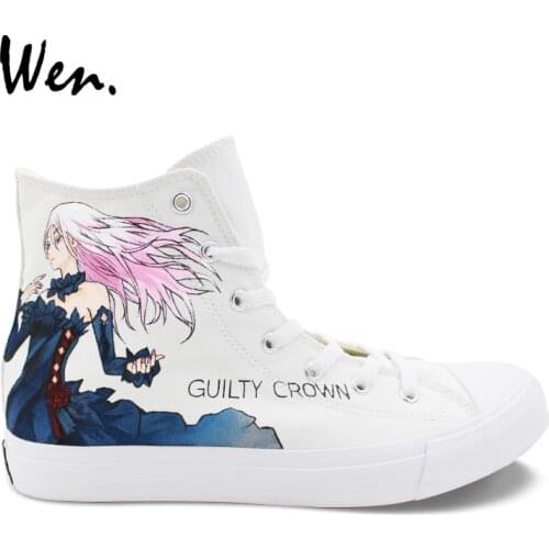 Wen Design Women Men White Shoes Anime Hand Painted Guilty Crown High Top Girls Canvas Shoes Boys Sneakers Skateboard