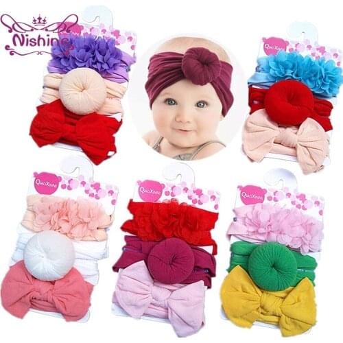 Nishine 3pcs/lot Donut Infant Kids Headband Chiffon Floral Baby Girls Knot Headwraps Child Toddler Headwear Birthday Gift