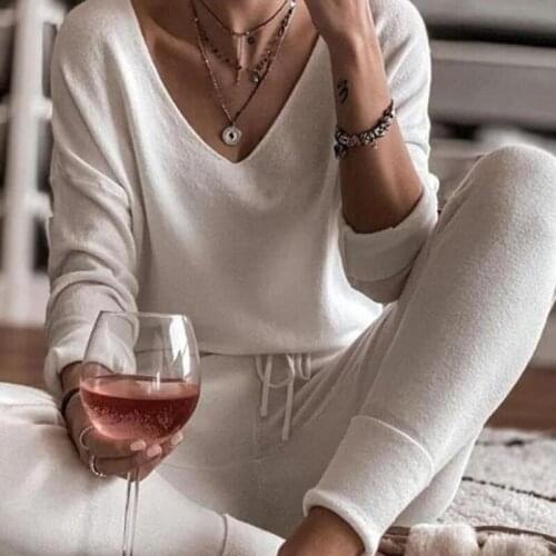 New Women Two Piece Sets Tracksuit Long Sleeve Homewear Suit V Neck Autumn Winter Woman Clothing Suits Slim Stretch Pajamas