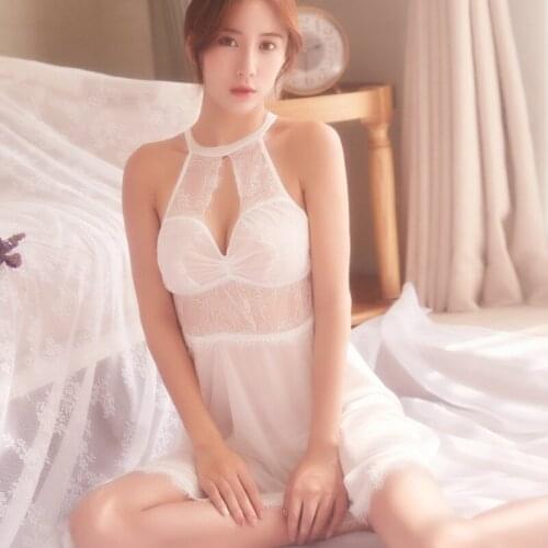 Sexy Hot Erotic Halter Nightgowns Women Sexy Lingerie Lace Sleepwear White Nighties Nightdress Nightshirt Pijama Homewear