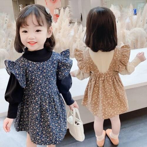 Girls' long-sleeved dress new autumn girl baby floral vest dress two-piece western style CLOTHING