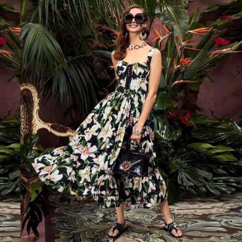 S-XL High Quality 2021 Summer New Fashion Lily Printed Tube Top Sling Drawstring Ruffle Temperament Casual Woman Dress