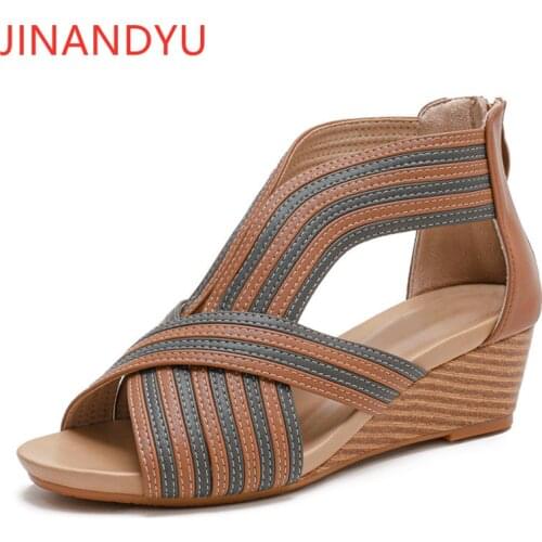 Plus Size Kitten Heels Gladiator Sandal Women Leather Wedges Shoes for Women Sandals Vintage Summer Shoes Heels Peep Toe Boots