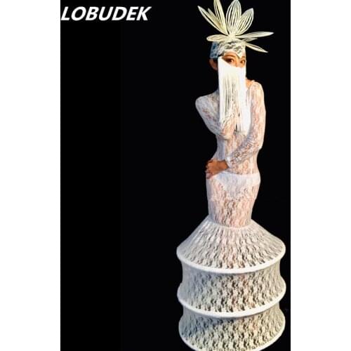 Sexy Perspective White Lace Floor Length Dress Women Birthday Celebration Prom Long Dress Nightclub Singer Models Catwalk Dress