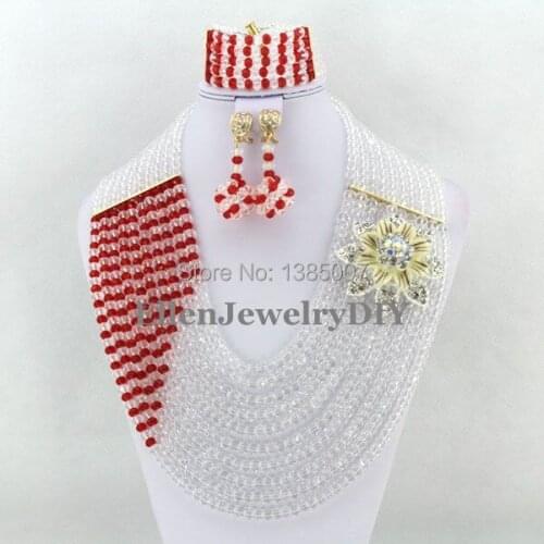 Stylish 10 Rows White Nigerian Wedding African Beads Jewelry Set Crystal Necklace Bracelet Earrings Sets WS4370