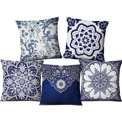 Wintersweet Mandala Cushion Cover Blue&White Porcelain Pillow Covers Decortive Sofa Car Chair Pillowcase