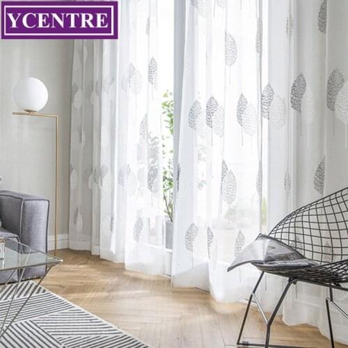 YCENTRE Semi Embroidered White&Grey Voile Window Treatment Leaves Style Tulle Sheer Curtain for Living Room/Kitchen / Bedroom