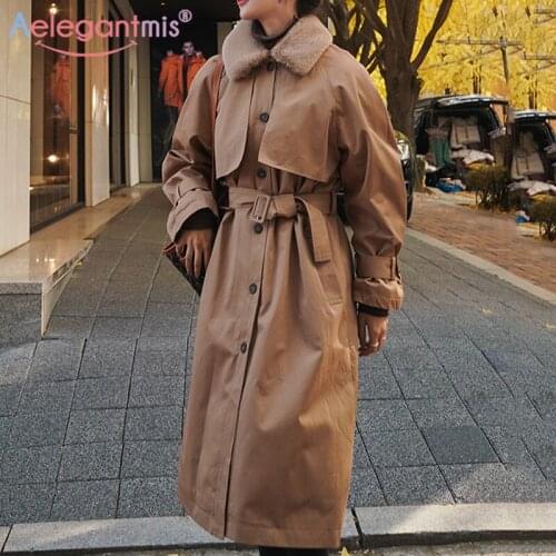 Aelegantmis Womens Winter Long Parka Jackets Coats Women Loose Oversized Thicken Warm Long Overcoat Fur Collar Parkas Outwear