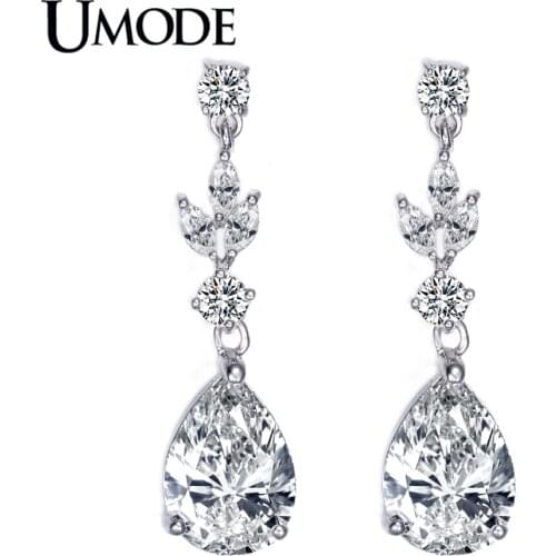 UMODE Brand Rhodium color Clear Water Drop Earrings For Women Fashion Long Dangle Earrings Jewelry Brincos Female AUE0073