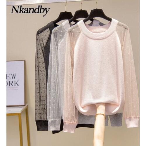 Nkandby Plus Size Mesh Patchwork Sweaters Women 2021 Autumn Fashion Knitted Pullovers Jumpers Korean Style Knitwear Oversize Top