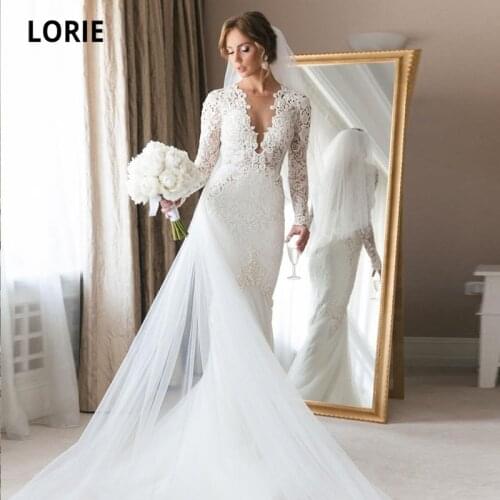 LORIE Mermaid Wedding Dresses O-Neck Appliques Lace Long Sleeves Arabic Wedding Gown Custom Made Bride Dress vestido de novia