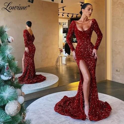 High Split Side Mermaid Party Dress Long Evening Dresses For Arabic Dubai Women Robe De Soiree Sequin Prom Dress Gowns Kaftans