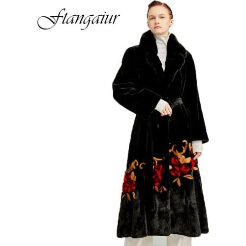 Ftangaiur 2020 Winter Import Velvet Mink Fur Coat Full Sleeve Womens Print Turn-Down Collar X-Long Natural Real Mink Fur Coats