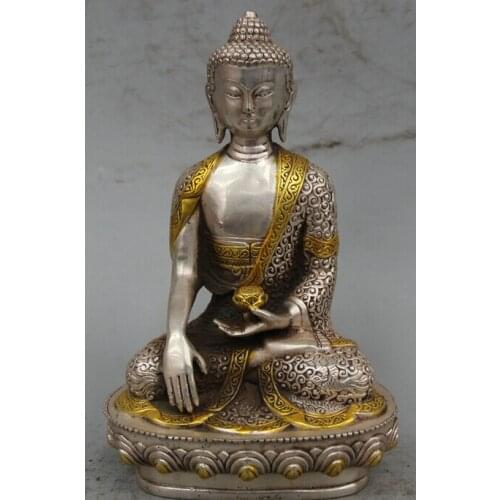 Free Shipping 8" Tibet Buddhism Silver Gilt Seat Lotus Shakyamuni Amitabha Buddha Bowl Statue R0710 (B0328)