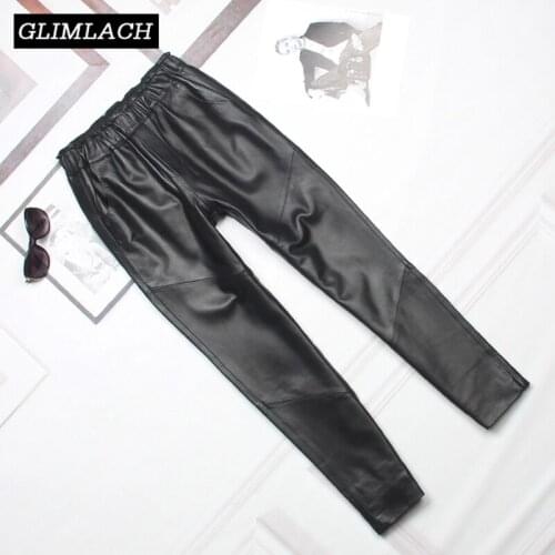 2019 New Real Leather Pants Women Elastic Waist Slim Genuine Lambskin Trousers Female Autumn Lady High Quality Harem Pencil Pant