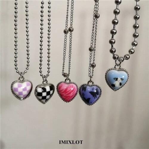2021 Kpop Harajuku Pink Blue Purple Heart Butterfly Pendant Neck Bead Chain Necklace For Women Friend Aesthetic Goth Y2K Jewelry