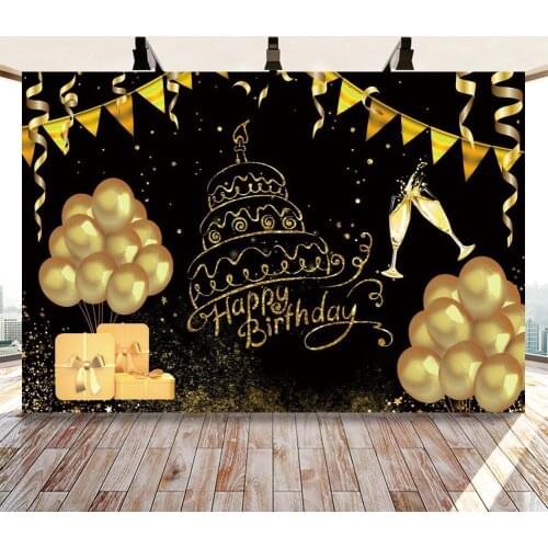 Birthday Party Banner Photography Background Black Golden Cake Glitter Wine Table Decor Backdrop Photocall Studio Photoshoot