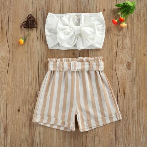 2 Pieces Kids Suit Set, Girls Solid Color Sleeveless Strappy Crop Tops+ Striped Short Pants for Summer, 1-6 Years
