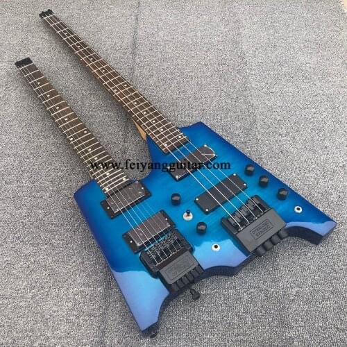 Customized double-headed electric guitar bass, tiger maple veneer, black accessories, portable travel headless guitar