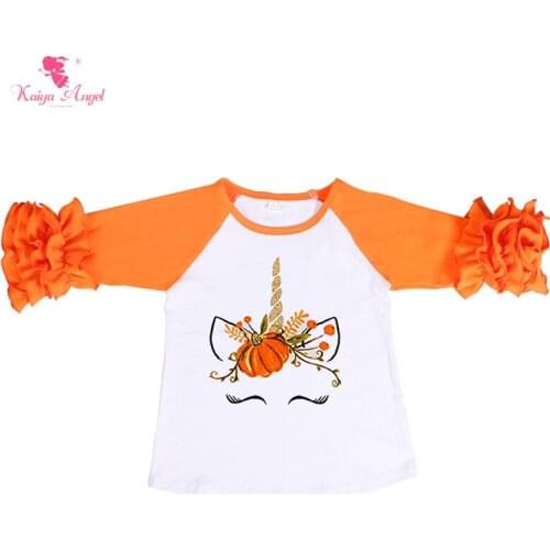 Kaiya Angel Toddler Girl Autumn Tops Orange Ruched Long Sleeve Pumpkin Printing Children Halloween Shirts 2018 Factory Wholesale