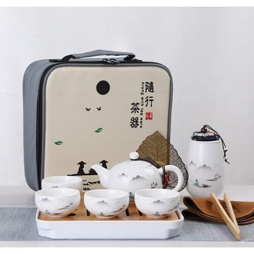 Ceramic Teapot One Pot Four Cup Outdoor Travel Kung Fu Teapot Tote Bag Travel Cup Set Tcup Gift Tea Set Chinese Tea Set