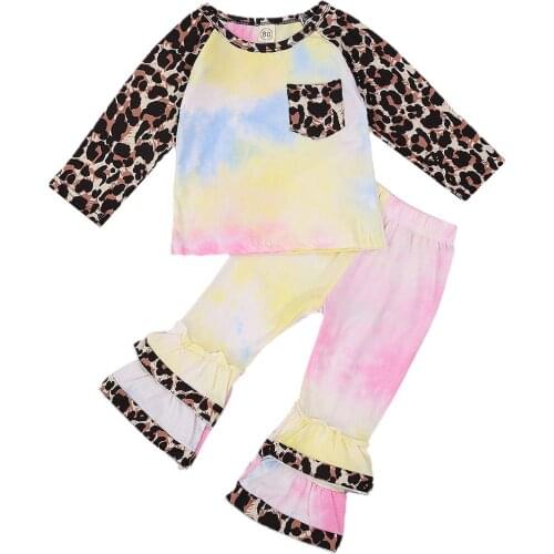 2Pcs Infant Girl Leopard Patchwork Outfits Toddler Tie-dye Print Long Sleeve Round Neck Front Pocket Pullover + Ruffle Trousers