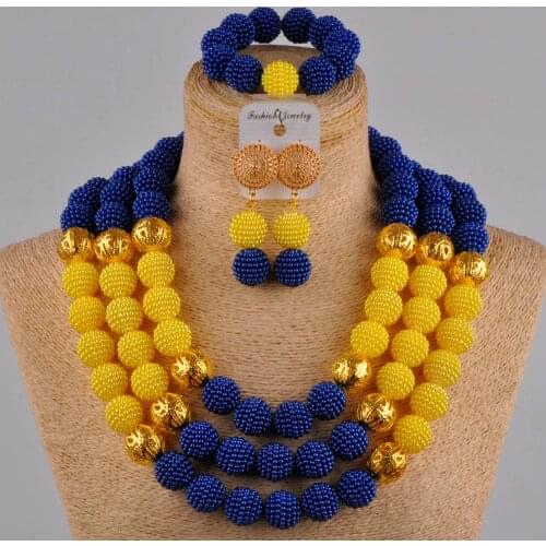 24 inches royal blue yellow african beads jewelry set simulated pearl nigerian wedding necklace FZZ43