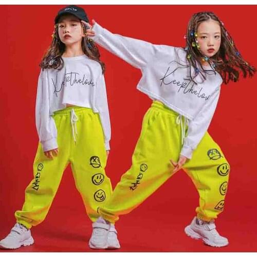 Girls Jazz Dance Costume Children Crop Top Fluorescent Green Pants Kids Cool Hip Hop Dance Clothing Ballroom Dancewear XS1604