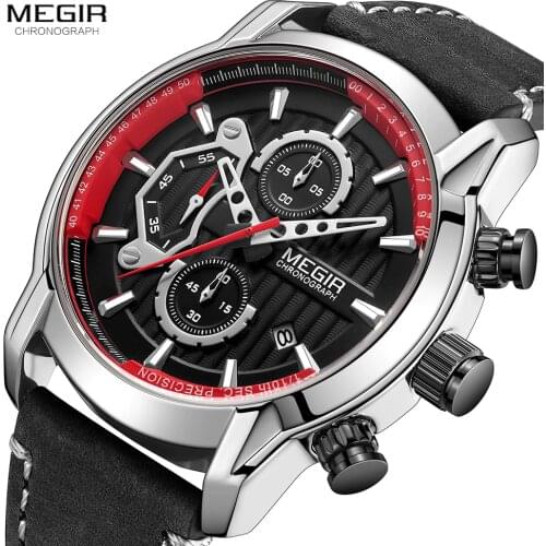 MEGIR Mens Army Sports Watches Leather Waterproof Wristwatch Man Chronograph Analogue Watch Man Luminous Relogio Masculino 2104