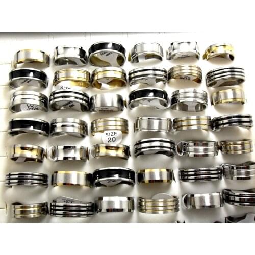 Mix Lot 50pcs Stainless Steel Rings Gold/Silver/Black enamel Mens Rings Wedding Rings Wholesale Jewelry Lots