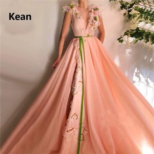 Orange Muslim Evening Dress V-Neck Tank Slit Illusion 3D Flower Islamic Dubai Kaftan Saudi Arabic Formal Dress Boho Prom Dress