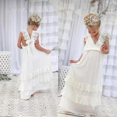 White Ivory A-line Chiffon Lace Flower Girls Dresses For Weddings V Neck Applique Little Kids Special Occasion Gowns for Girls