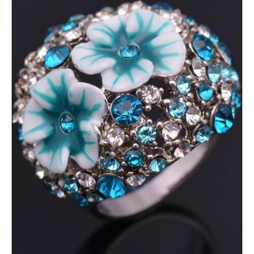Full Rhinestone Delicate Flowers Exaggerated Alloy Luxurious Fashion Statement Rings for Women Party Epoxy Jewelry- 3 colors