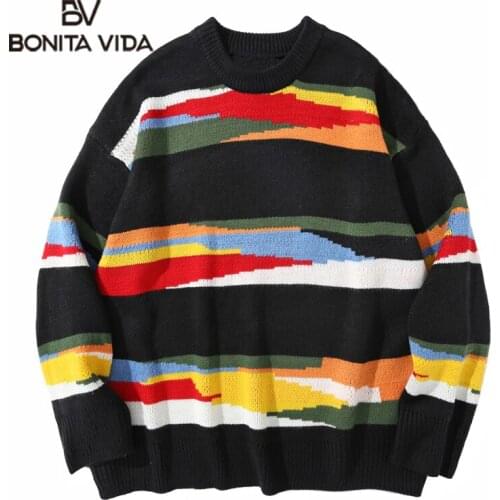 Bonita Vida Harajuku Knitwear Sweaters Hip Hop Graffiti Stripe Knitted Sweater Streetwear Hip Hop Loose Casual Pullover Tops