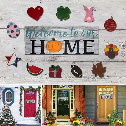Interchangeable Welcome Sign For Front Door Decor- Wooden Hanging Sign Holiday Icons For Front Porch Home Decorations