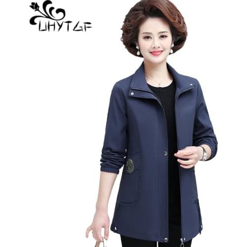 UHYTGF Elegant Mother Spring Autumn Trench Coat Mid-Length Loose 5XL Plus Size Outerwear Solid Wild Casual Women Windbreaker1545
