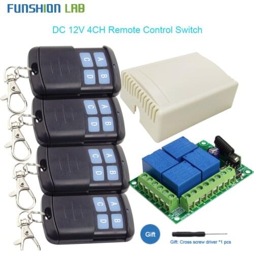 FUNSHION 433Mhz Universal Wireless Remote Control Switch DC 12V 4CH Relay Receiver Module 4pcs RF controllor Transmitter DIY