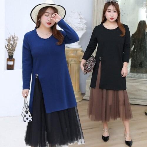 Autumn Winter 2019 Knit Dress Autumns Long Sleeve Midi Kint Sweater Tulle Skirt Plus Size Two Piece Sets DD2094