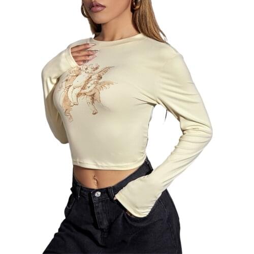 Women’s Grunge Street Style Long Sleeve T-shirt Fashion Character Print Round Neck Exposed Navel Tops Slim 90s Girls Tees