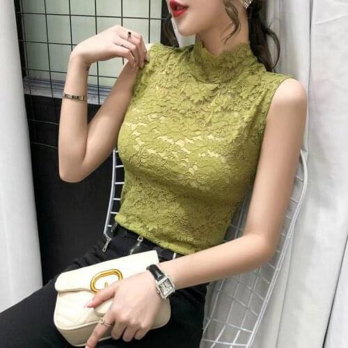Fashion Turtleneck Sexy Lace Hollow Out Women Tank Tops Spring Summer Sleeveless Elastic See Through Vest Bottoming Streetwear