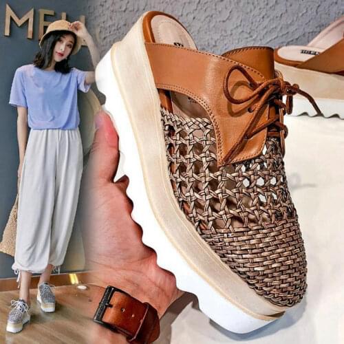 SONDR 2020 Womens Baotou Sandals Patent Leather No Heel Thick Platform Hollow Slacks Shoes Wedge Sandals LD-06