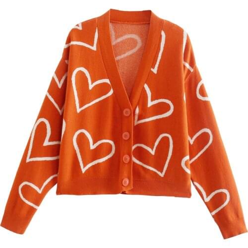 JUNWU Autumn Women Orange Love Print v-Neck Single-Breasted Long-Sleeved Elastic Knitted Cardigan Fashion Za Sweet British Style