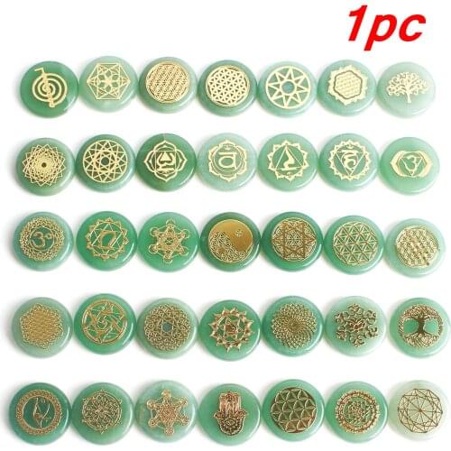 1PC Natural Rune Stone Chakra Crystal Gold Fortune-telling Divination Green Stones Aventurine Pendant Copper Metal Sticker Decor
