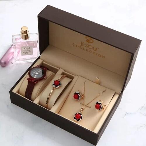 2020 5Pcs Sets Womens Watches Fashion Ladies Watch Quartz Wrist Watch Bracelet Earrings Necklace Women Watches Female Clock
