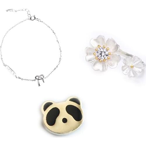 925 Sterling Silver Pin Panda Flower Broken Knot Bracelet Ring Earrings and Other Accessories Set