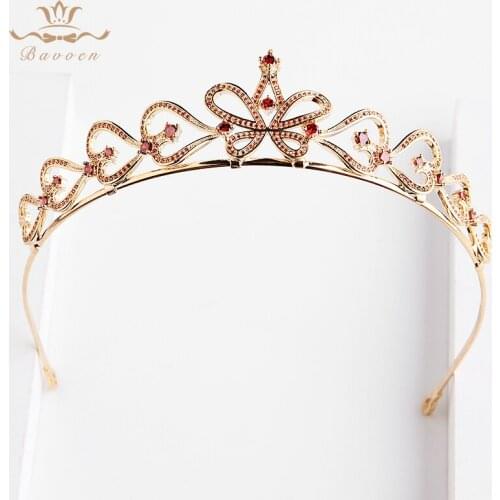 Bavoen High Quality Zircon Brides Tiaras Crowns with Red Crystal European Gold Hairbands Weding Hair Accessories