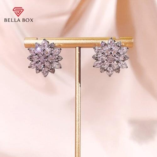BELLA BOX Luxury 925 Sterling Silver Stub Earrings For Charm Lady Sun Flower White Zircon Engagement Party Fine Jewelry Gift